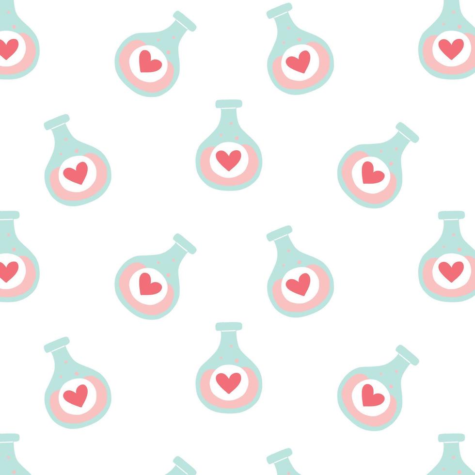 Seamless pattern with hearts and potion flask. Cartoon style. Romantic pattern.Vector illustration. vector