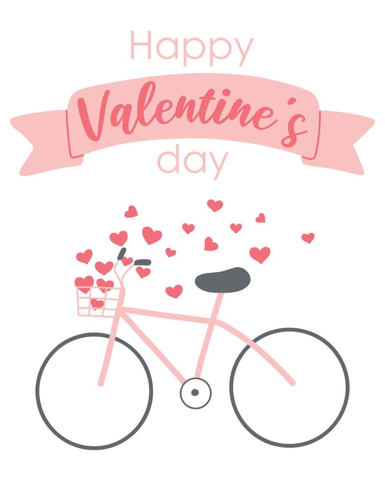 Happy valentine's day card. Cute postcard with a bicycle and hearts. Romantic card with a bicycle carrying hearts. Vector illustration. Flat hand drawn style.