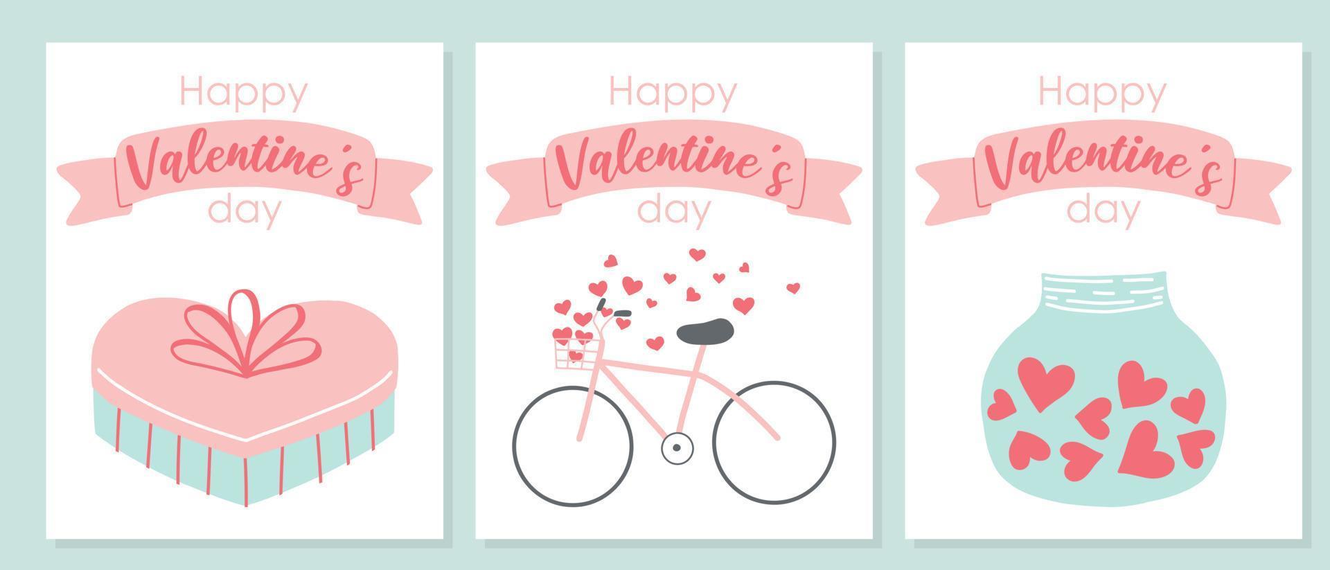 conjunto de postales para el día de san valentín. lindas postales con corazones, amor, bicicleta y regalo. ilustración vectorial en un estilo plano. postal dibujada a mano. vector