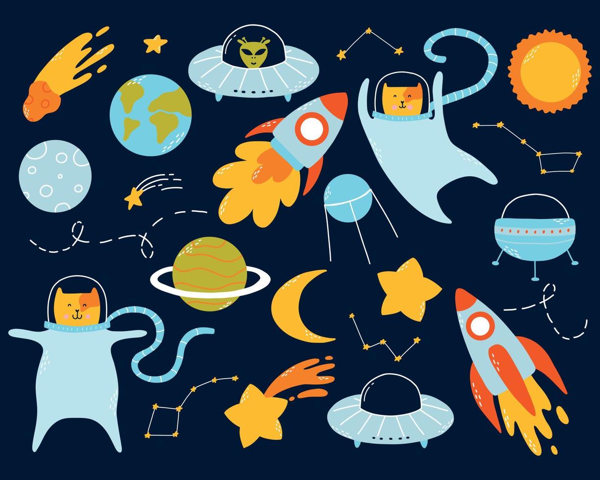 Childrens space set. Space elements collection, moon, astronaut, stars, rocket.Vector illustration in cartoon style. Flat style. vector