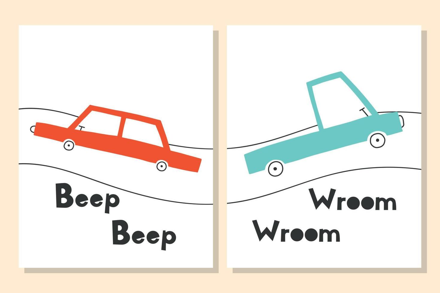 juego de carteles para niños con autos. lindos carteles para una habitación infantil con una máquina de escribir y una carretera. ilustración vectorial estilo garabato. estilo escandinavo. vector