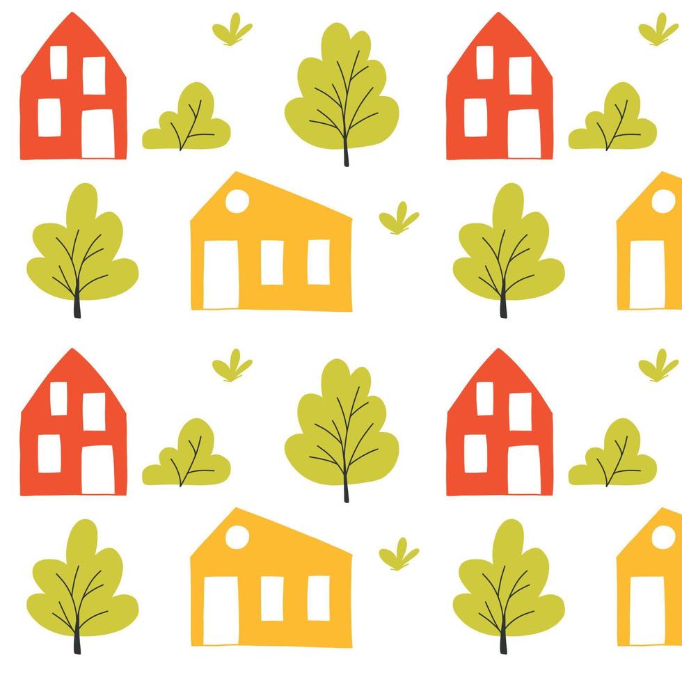 Childish pattern with cute houses and trees. Kids print with a city. Vector illustration in cartoon style. Flat style.