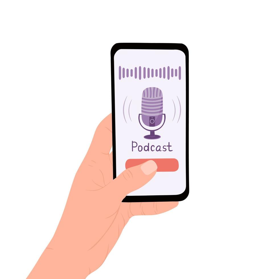 podcast en el teléfono, aplicación de podcast. ilustración para impresión, fondos, cubiertas y embalaje. la imagen se puede utilizar para tarjetas de felicitación, carteles, pegatinas y textiles. aislado sobre fondo blanco. vector