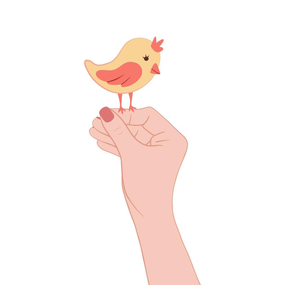 Bird sits on hand. Illustration for printing, backgrounds, covers and packaging. Image can be used for greeting cards, posters, stickers and textile. Isolated on white background. vector