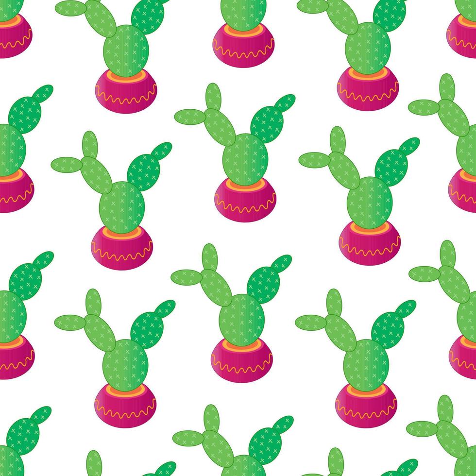 cactus plano en un patrón sin costuras de maceta. ilustración para impresión, fondos, cubiertas y embalaje. la imagen se puede utilizar para tarjetas de felicitación, carteles y textiles. aislado sobre fondo blanco. vector