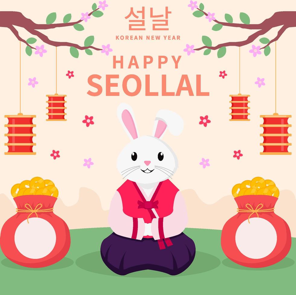 flat happy seollal design illustration with rabbit use hanbok clothes vector