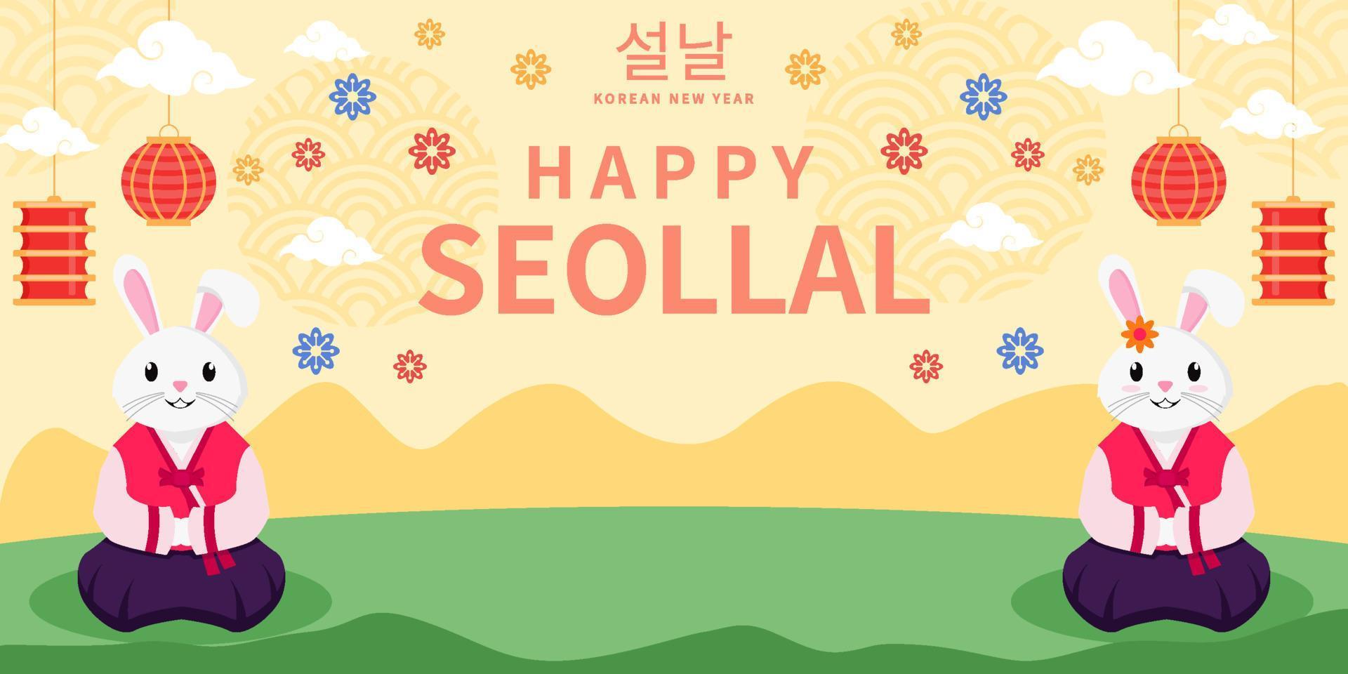 diseño de banner horizontal de año nuevo coreano seollal con dos conejos usando ropa hanbok vector