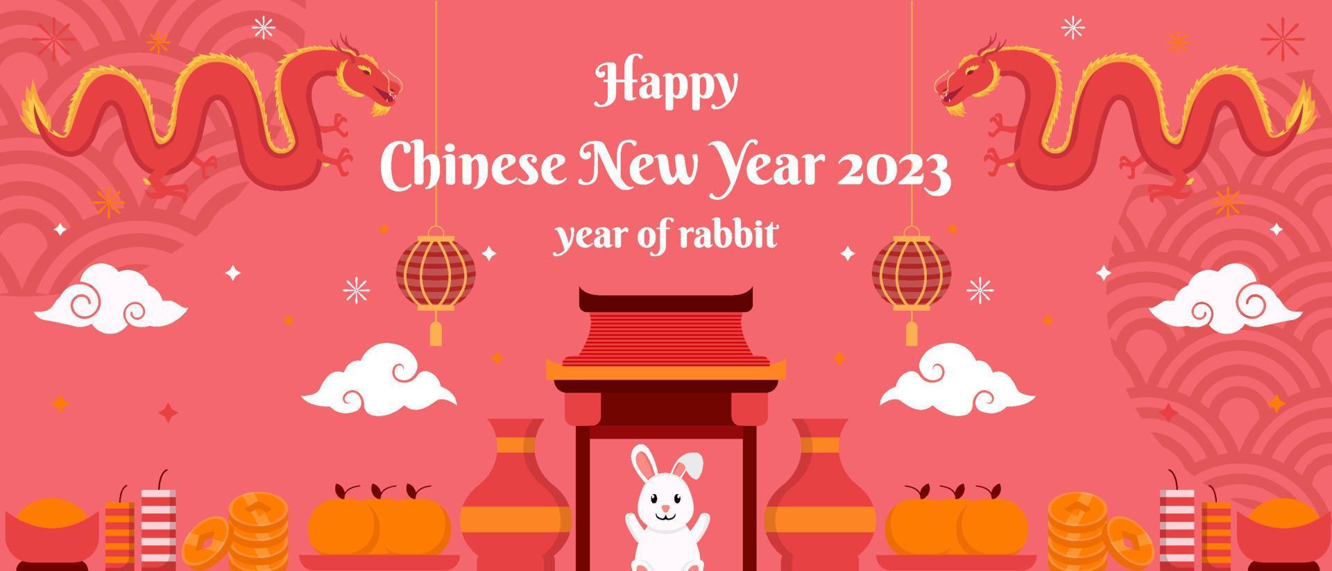 flat chinese new year background banner poster illustration with dragons, rabbit and ornaments vector