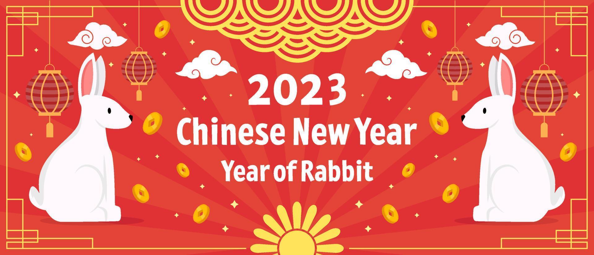 flat chinese new year 2023 year of rabbit, horizontal banner illustration vector