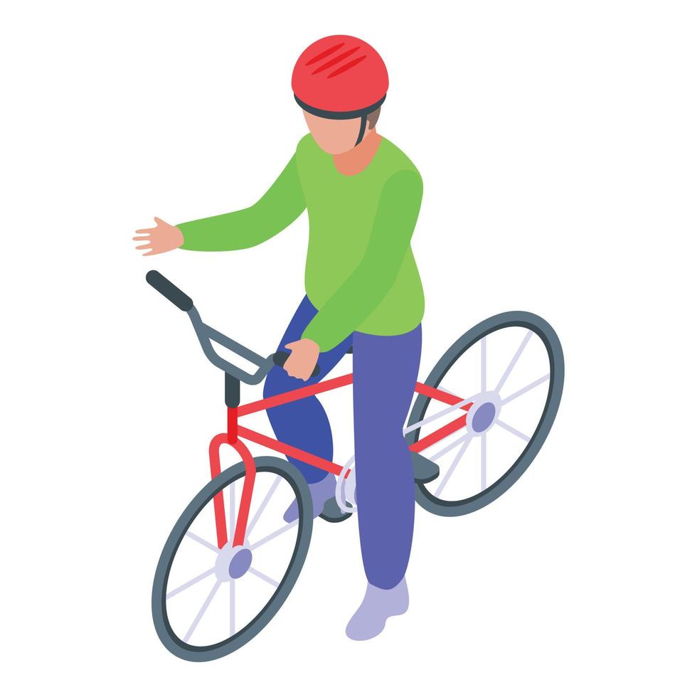 Biker kid cycling icon, isometric style vector