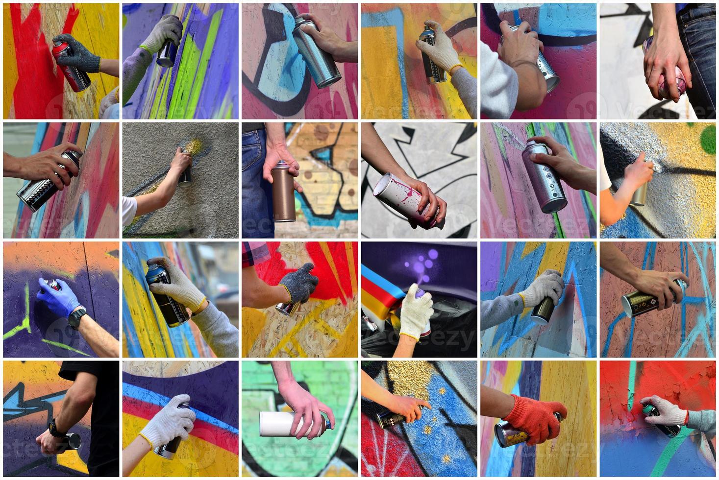 A set of many small images of hands with paint cans in the proce photo