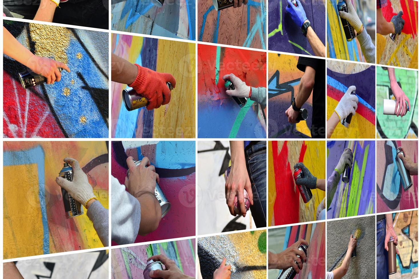A set of many small images of hands with paint cans in the proce photo