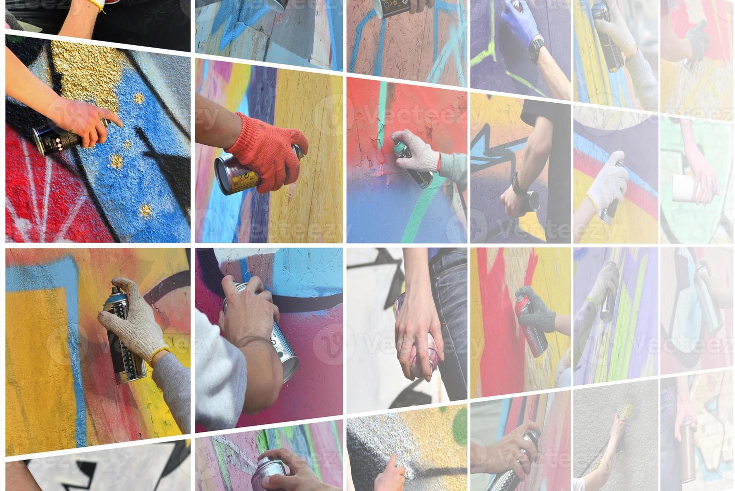 A set of many small images of hands with paint cans in the proce photo