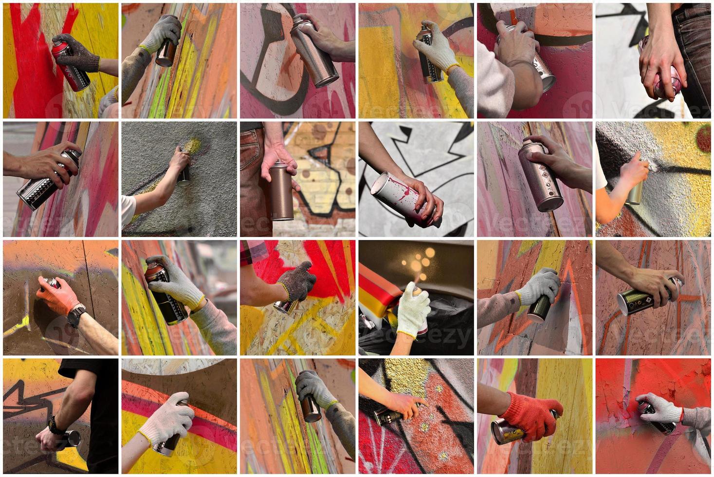 A set of many small images of hands with paint cans in the proce photo