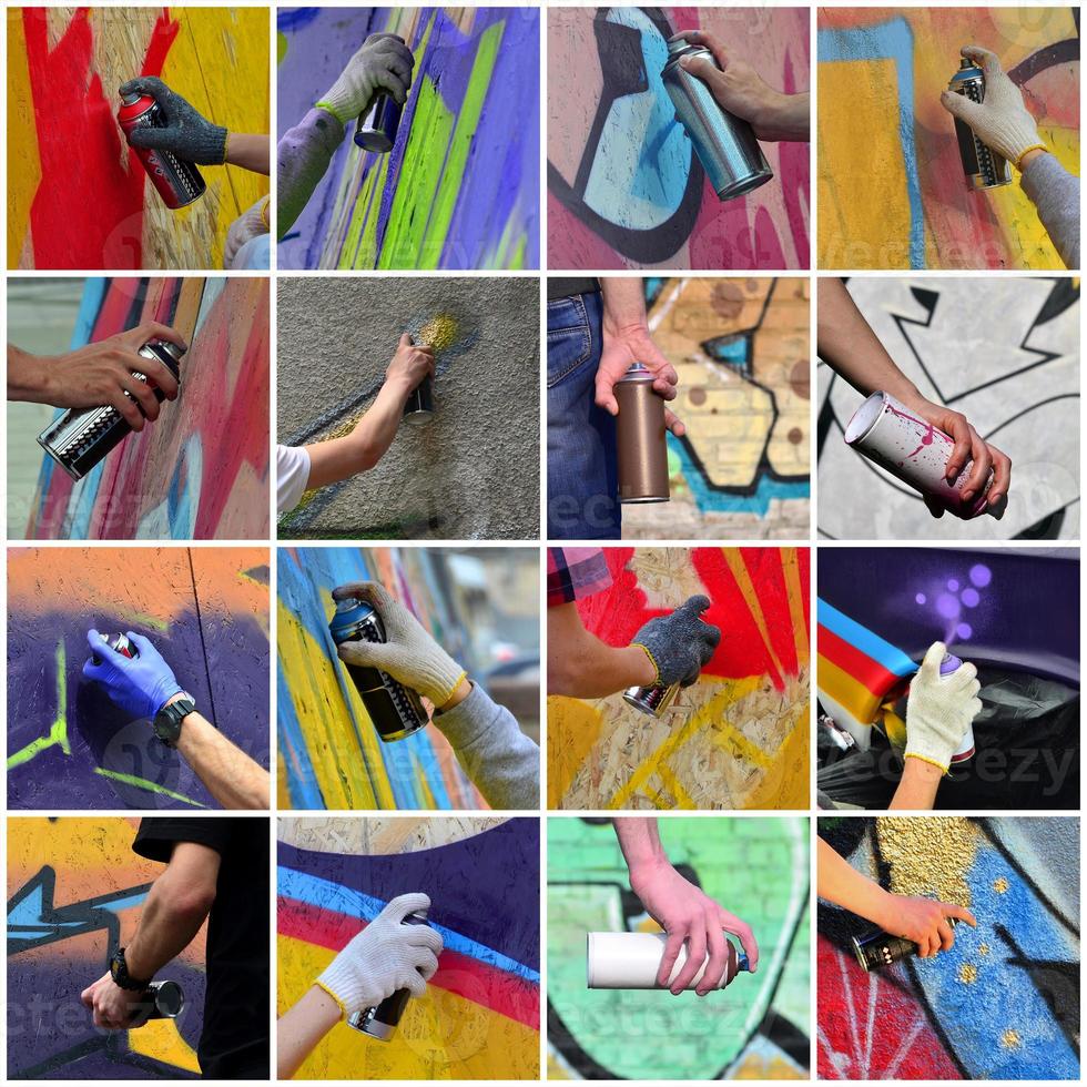 A set of many small images of hands with paint cans in the proce photo