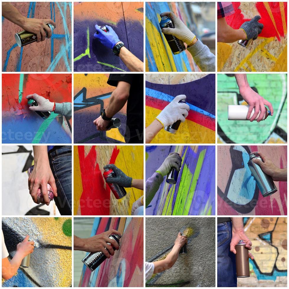 A set of many small images of hands with paint cans in the proce photo