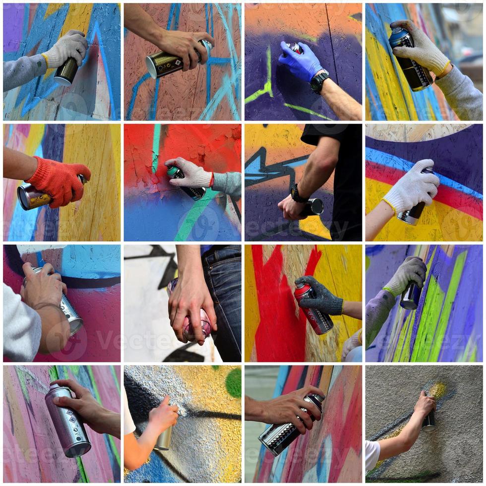 A set of many small images of hands with paint cans in the proce photo