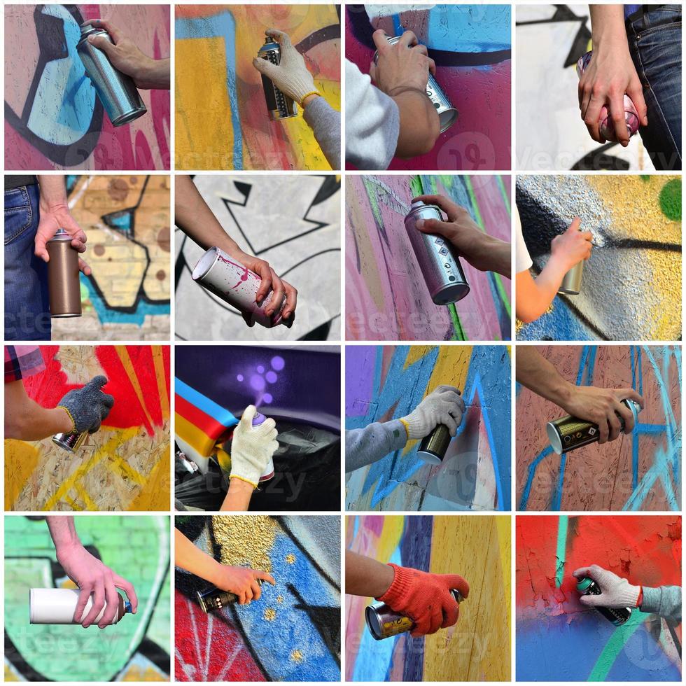A set of many small images of hands with paint cans in the proce photo