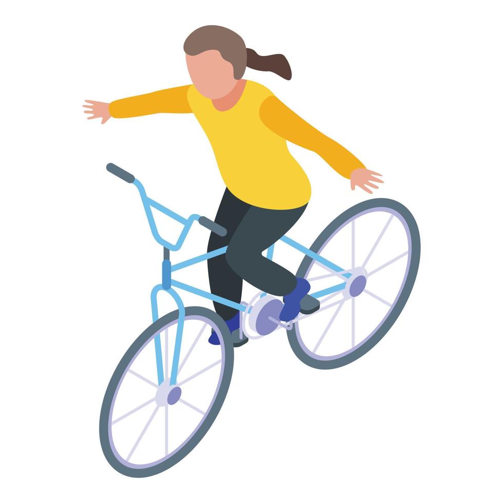 Without hands kid cycling icon, isometric style vector