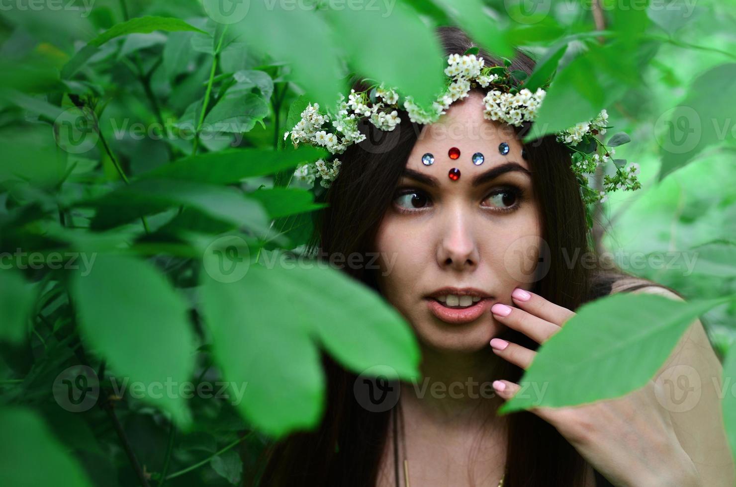 una foto del bosque de una hermosa joven morena de apariencia europea con ojos marrones oscuros y labios grandes. en la cabeza de la niña lleva una corona de flores, en la frente adornos brillantes