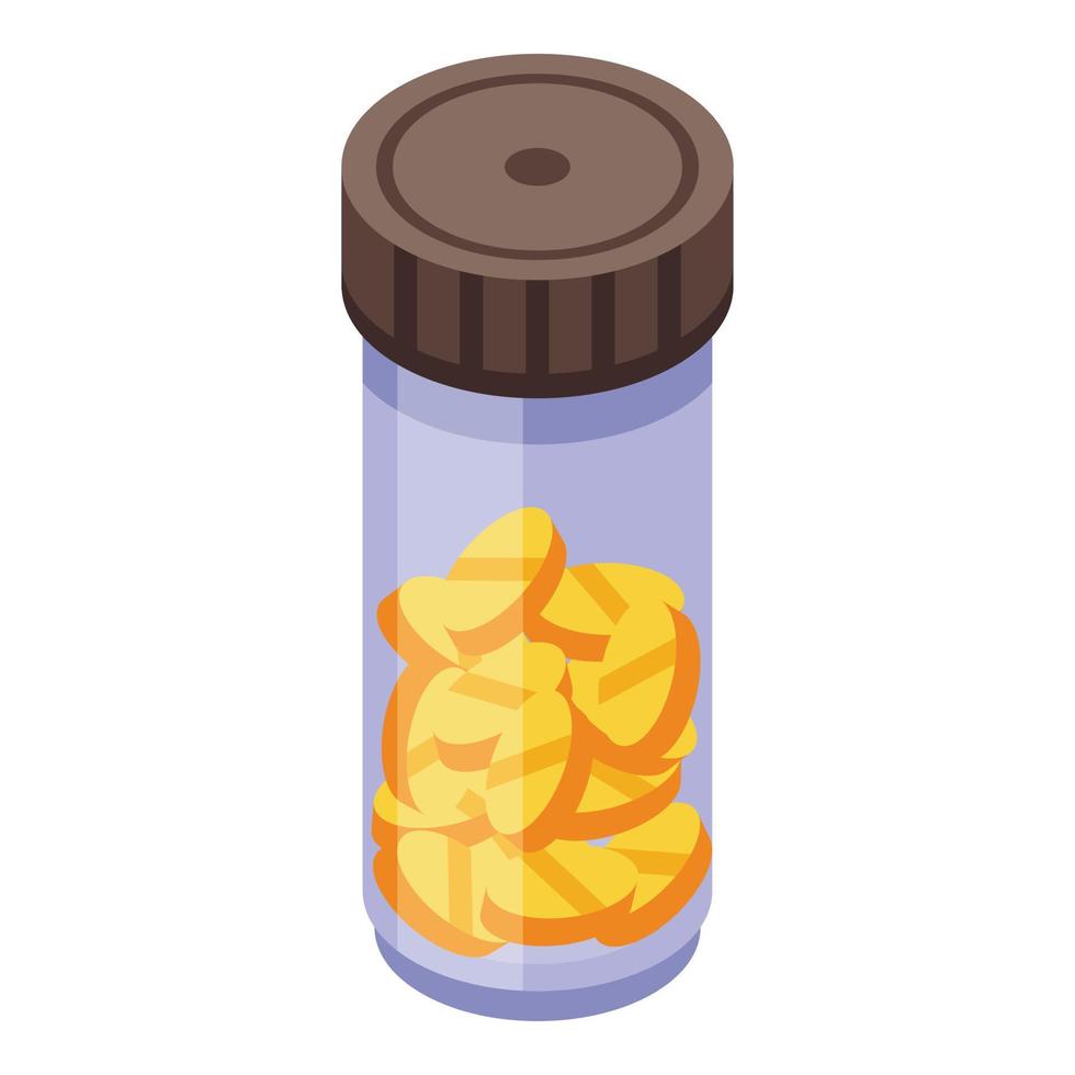 Glass jar with yellow pills icon, isometric style vector