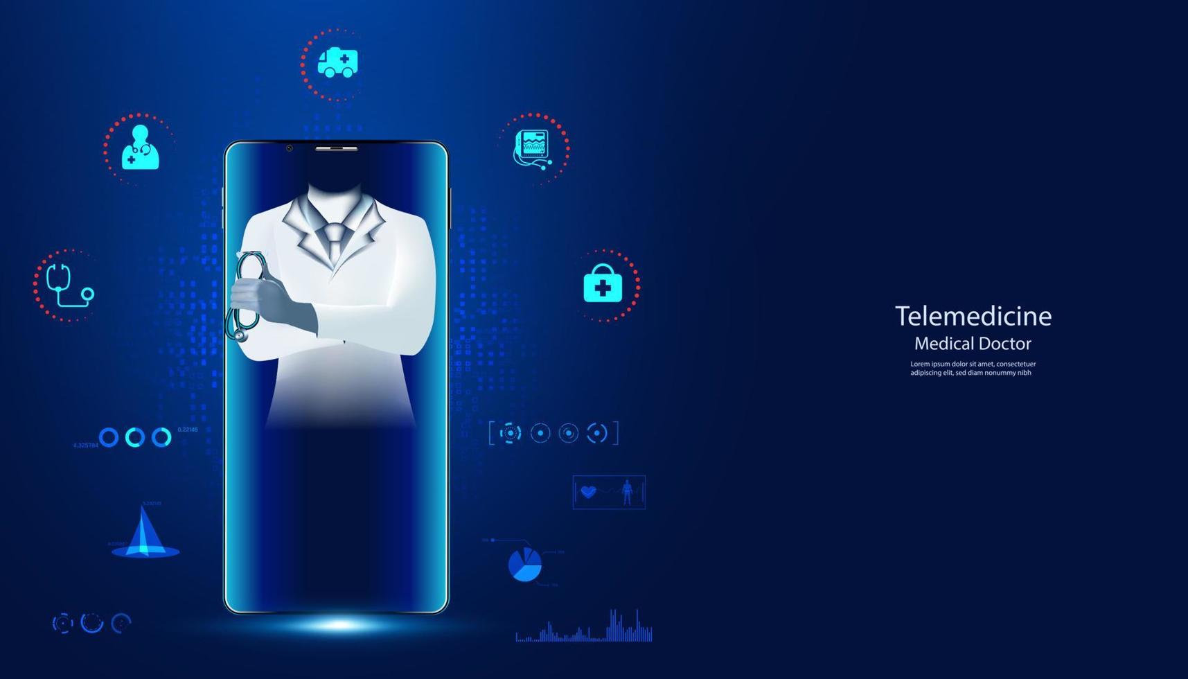 Abstract, phone and doctor concept. Online Doctor. Telemedical. Telecommunication. in the treatment of disease medical online consultation modern treatment On a blue and black background, modern vector