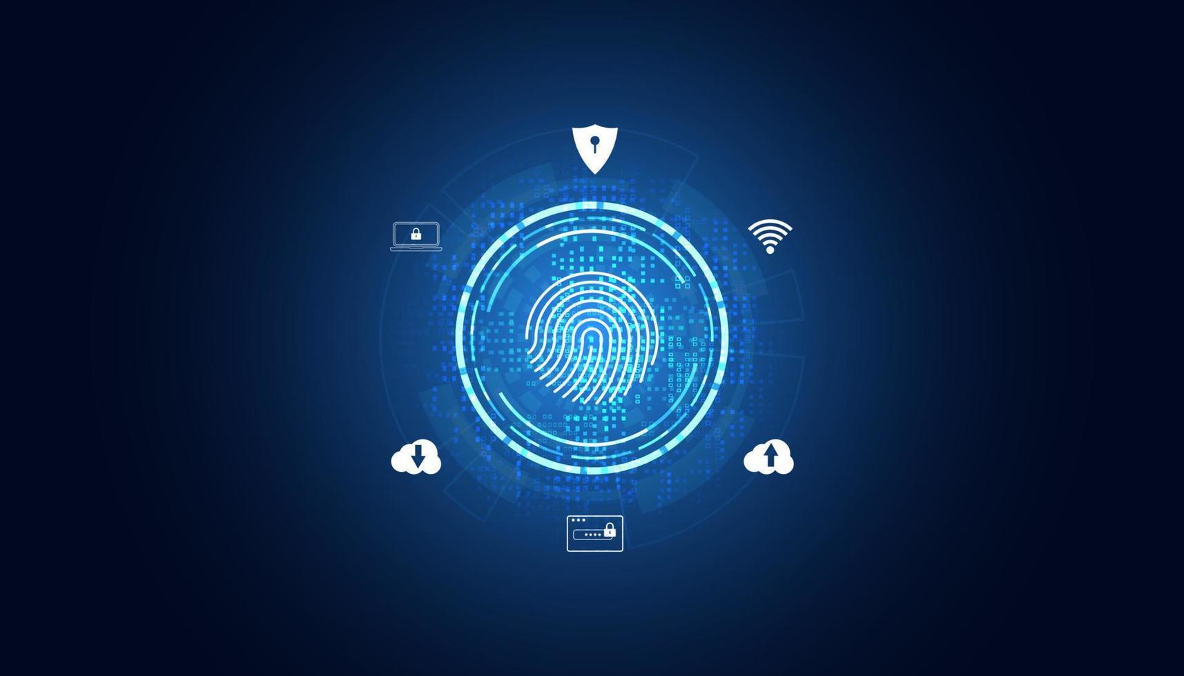 cifrado abstracto de escaneo de huellas dactilares para iniciar sesión iconos de seguridad cibernética sobre fondo azul futurista moderno vector
