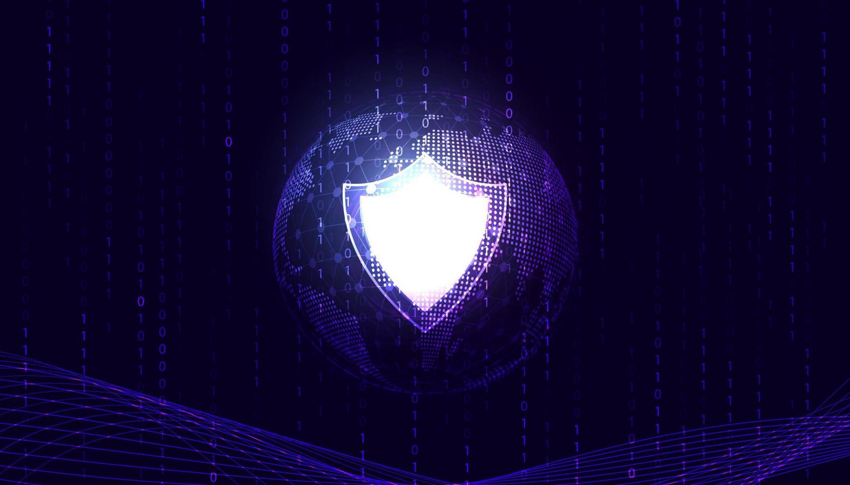 escudo de seguridad cibernética abstracto y concepto binario del mundo digital antirrobo hack malware virus spyware sobre fondo púrpura hermoso futurista vector