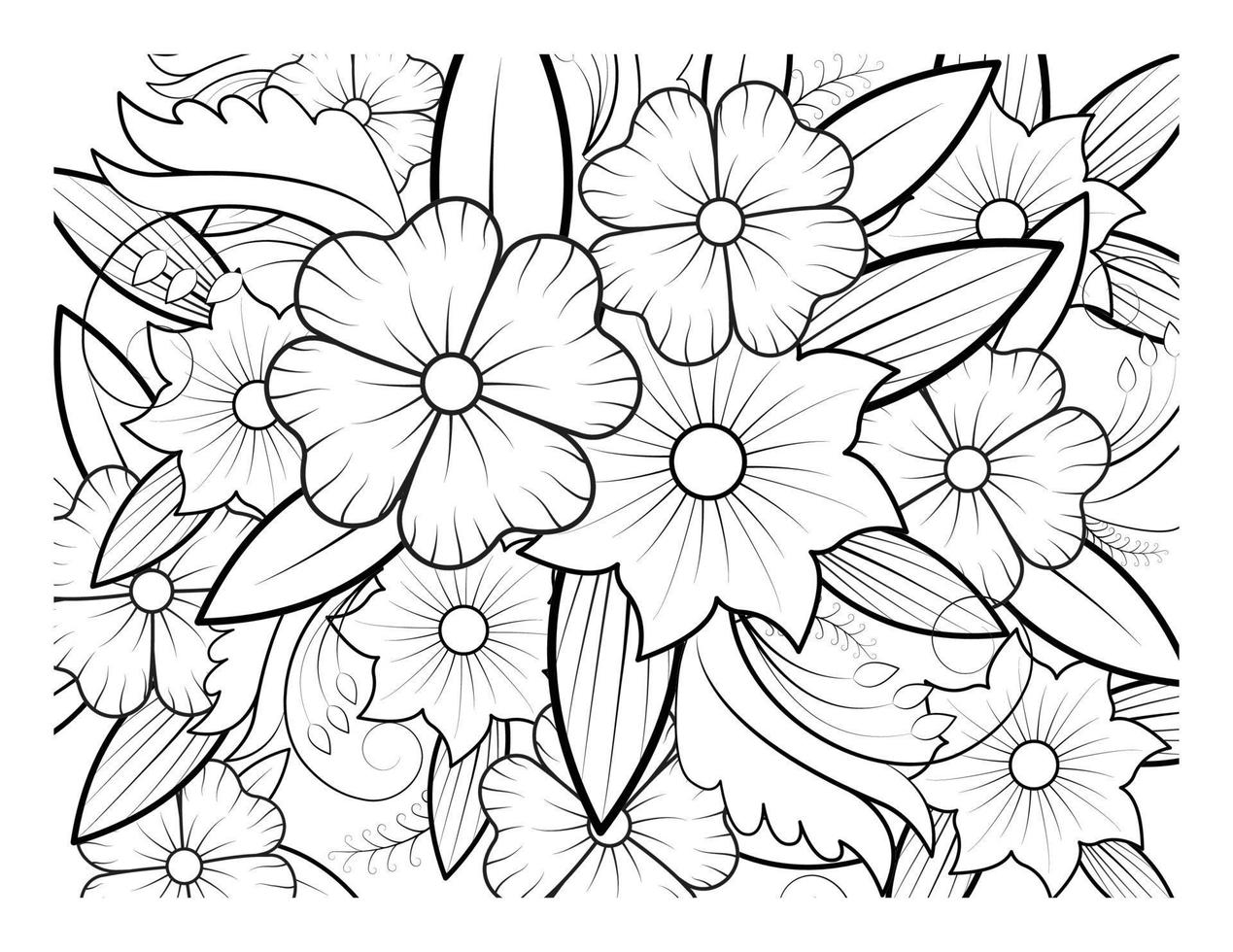 Coloring book for adult and older children. Coloring page with flowers