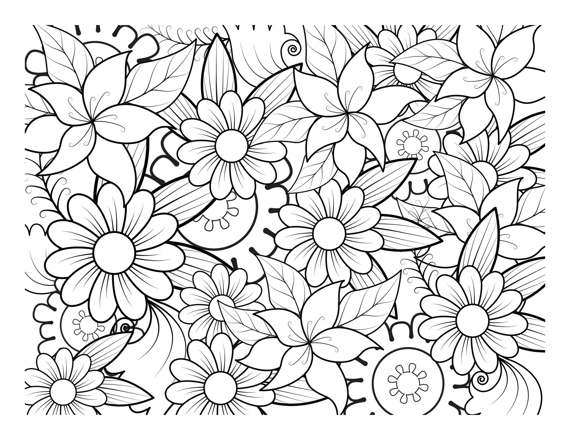 Coloring book for adult and older children. Coloring page with flowers