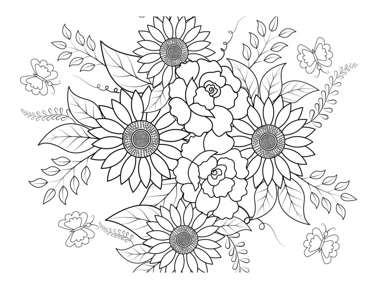 Coloring book for adult and older children. Coloring page with flowers