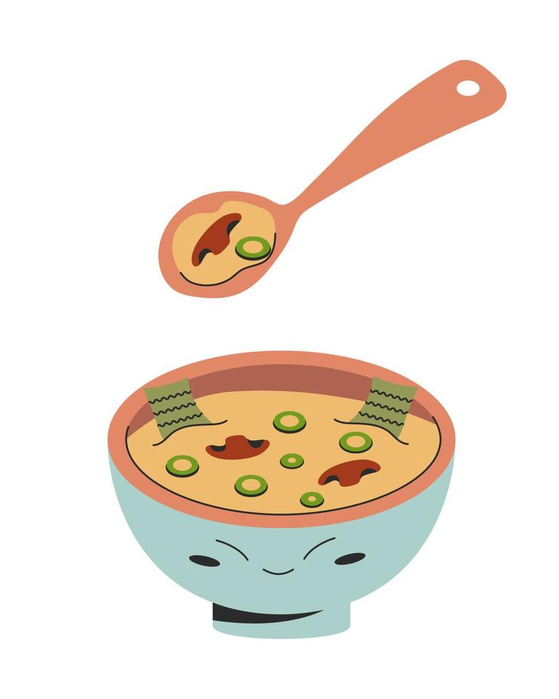 Vegan miso soup korean food illustration in cute bowl with spoon seaweed mushroom green onion. Vector stock illustration isolated on white background. Flat style