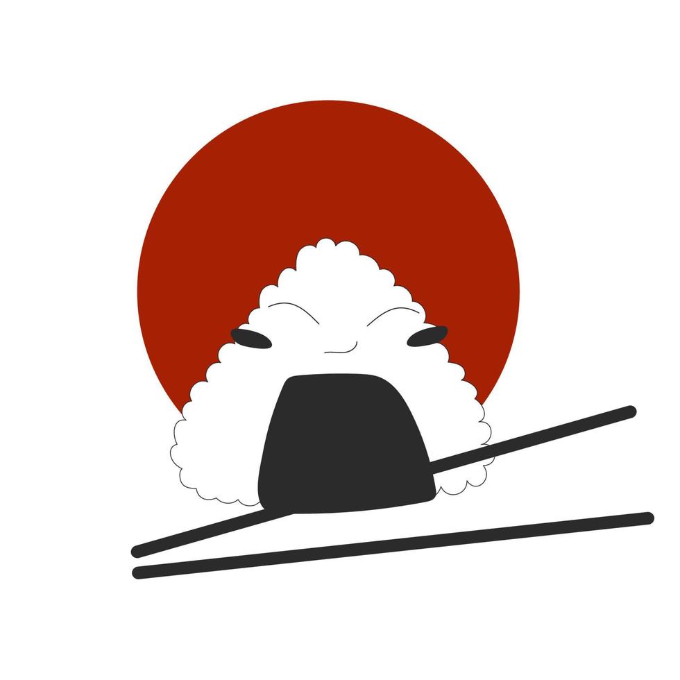 Cute onigiri in seaweed on red moon background with chopsticks illustration japanese food. Vector stock illustration isolated on white background. Outline style