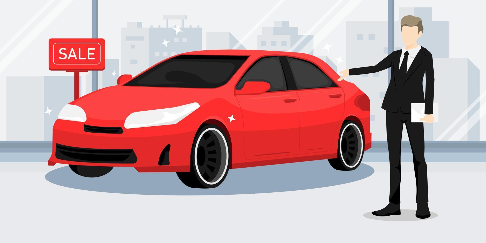 Businessman design, Broker selling personal car in showroom, Vector illustration.