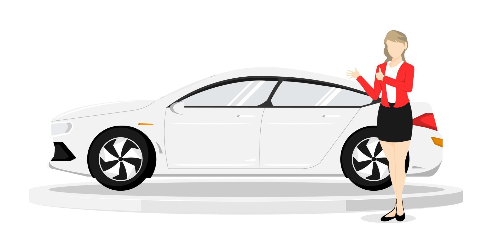 Business woman design, Broker selling personal car on isolated background, Vector illustration.