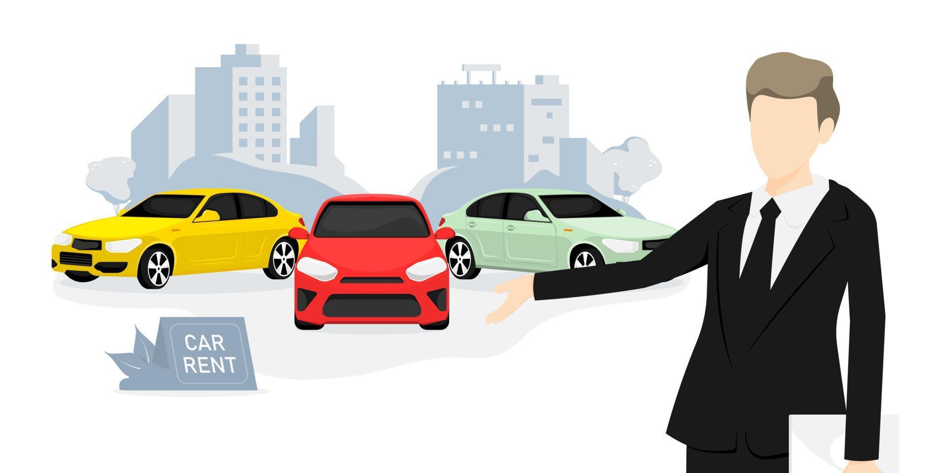 alquile un auto en la ciudad con un corredor de negocios, ilustración de marketing digital. vector