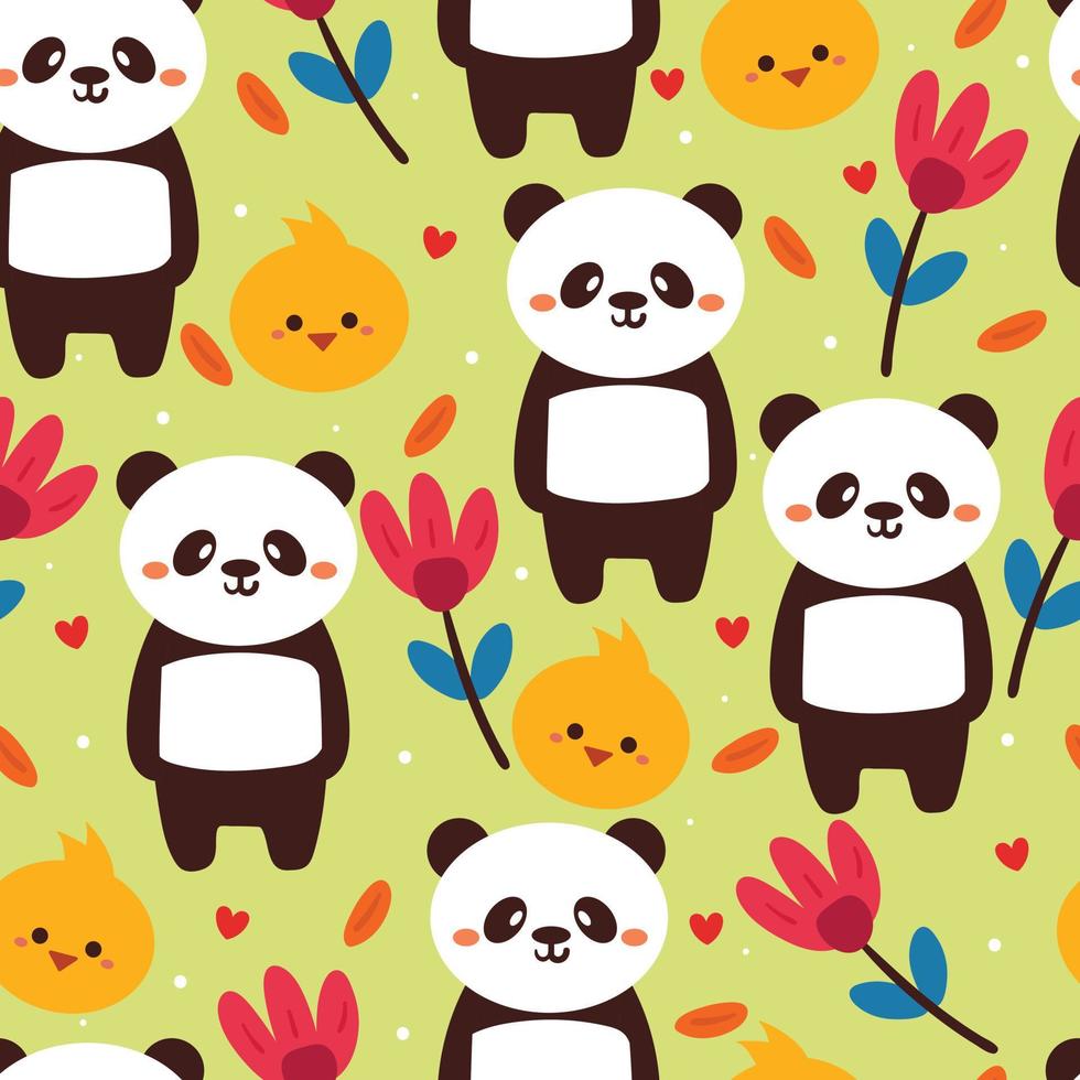 flor y panda de dibujos animados de patrones sin fisuras. lindo papel tapiz de animales para papel de regalo vector