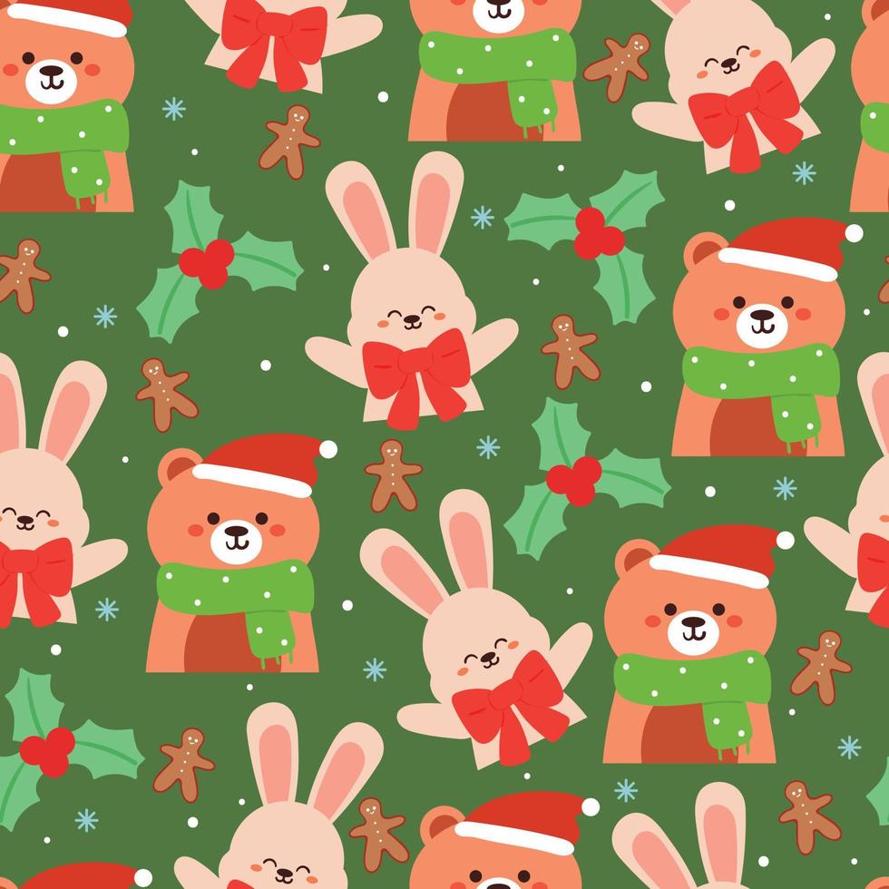 conejito de dibujos animados de patrones sin fisuras y oso en el día de navidad. lindo fondo de pantalla de navidad para papel de regalo vector