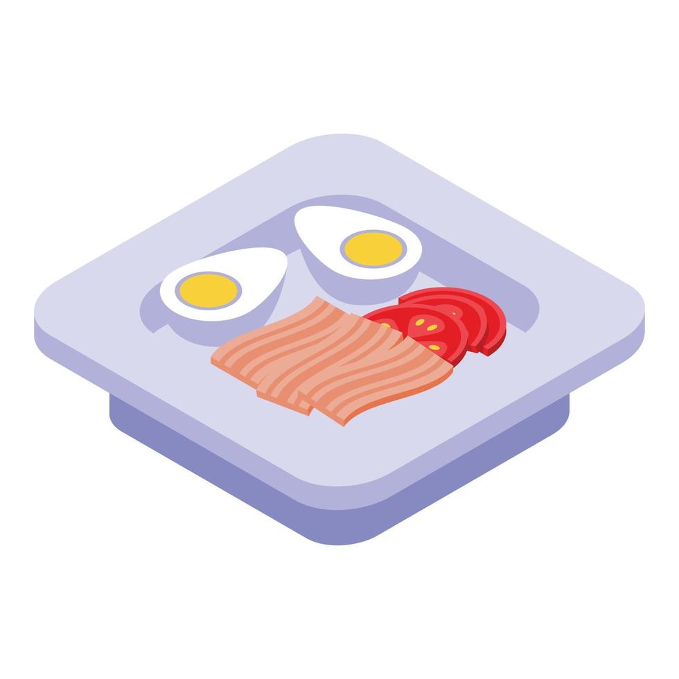 desayuno saludable huevo cocido y tocino icono, estilo isométrico vector