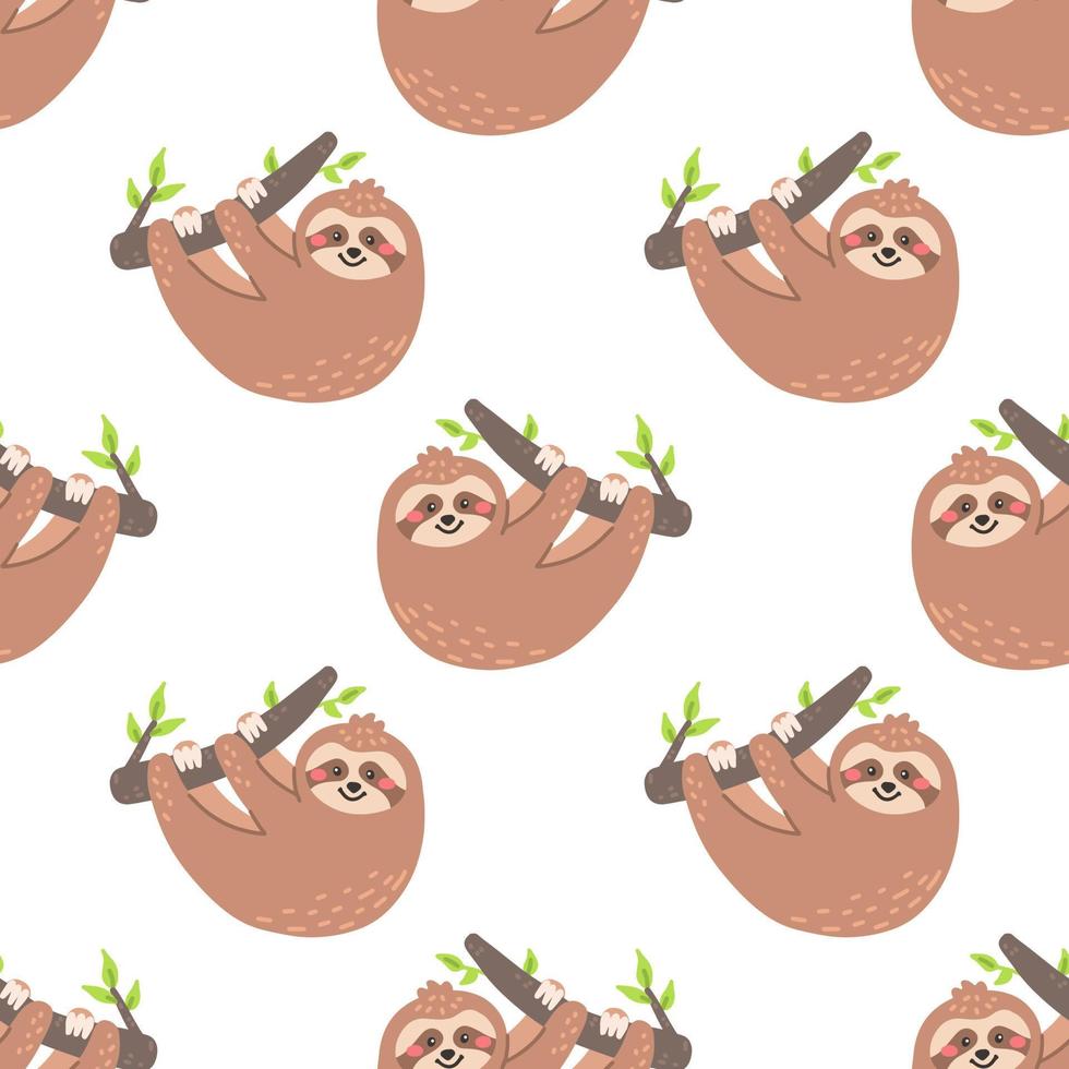 Funny sloth on branch. Vector seamless pattern on white background