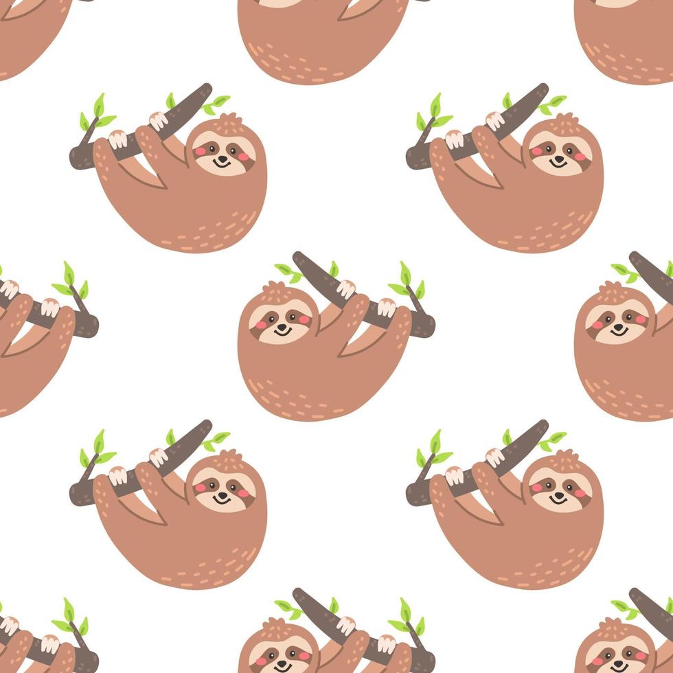 Funny sloth on branch. Vector seamless pattern on white background