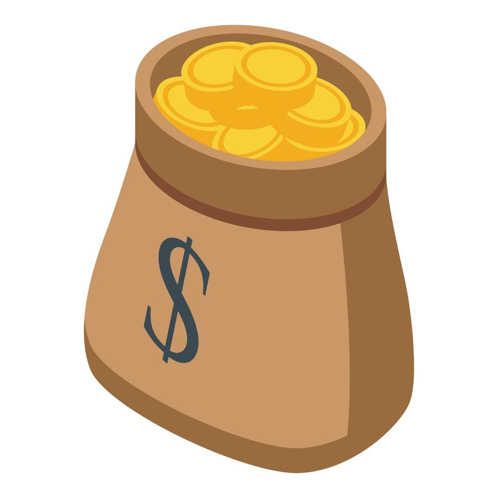 Gold coins bag icon, isometric style vector