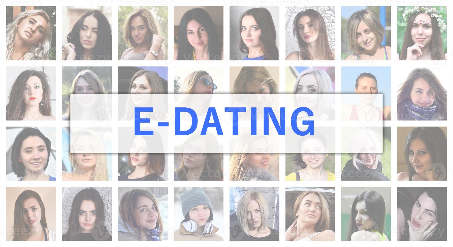 E-dating. The title text is depicted on the background of a coll photo