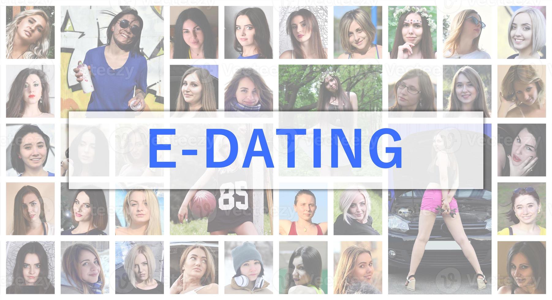E-dating. The title text is depicted on the background of a coll photo