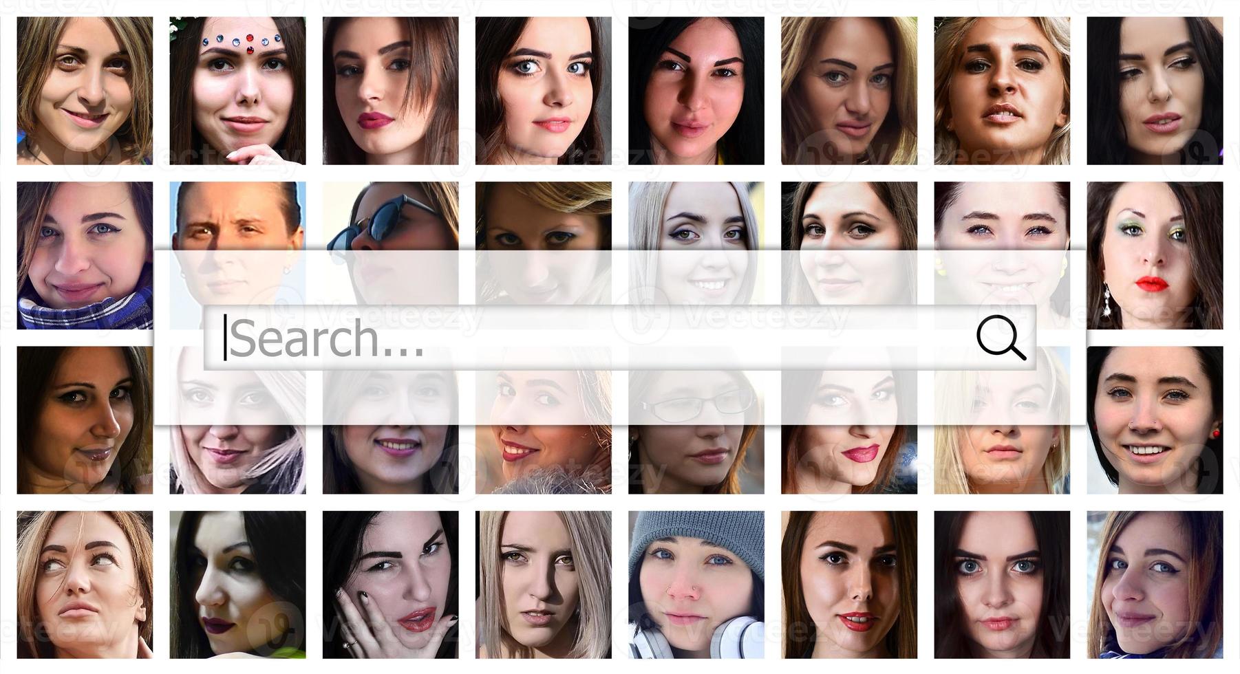 Search. The text is displayed in the search box on the background of a collage of many square female portraits. The concept of service for dating photo