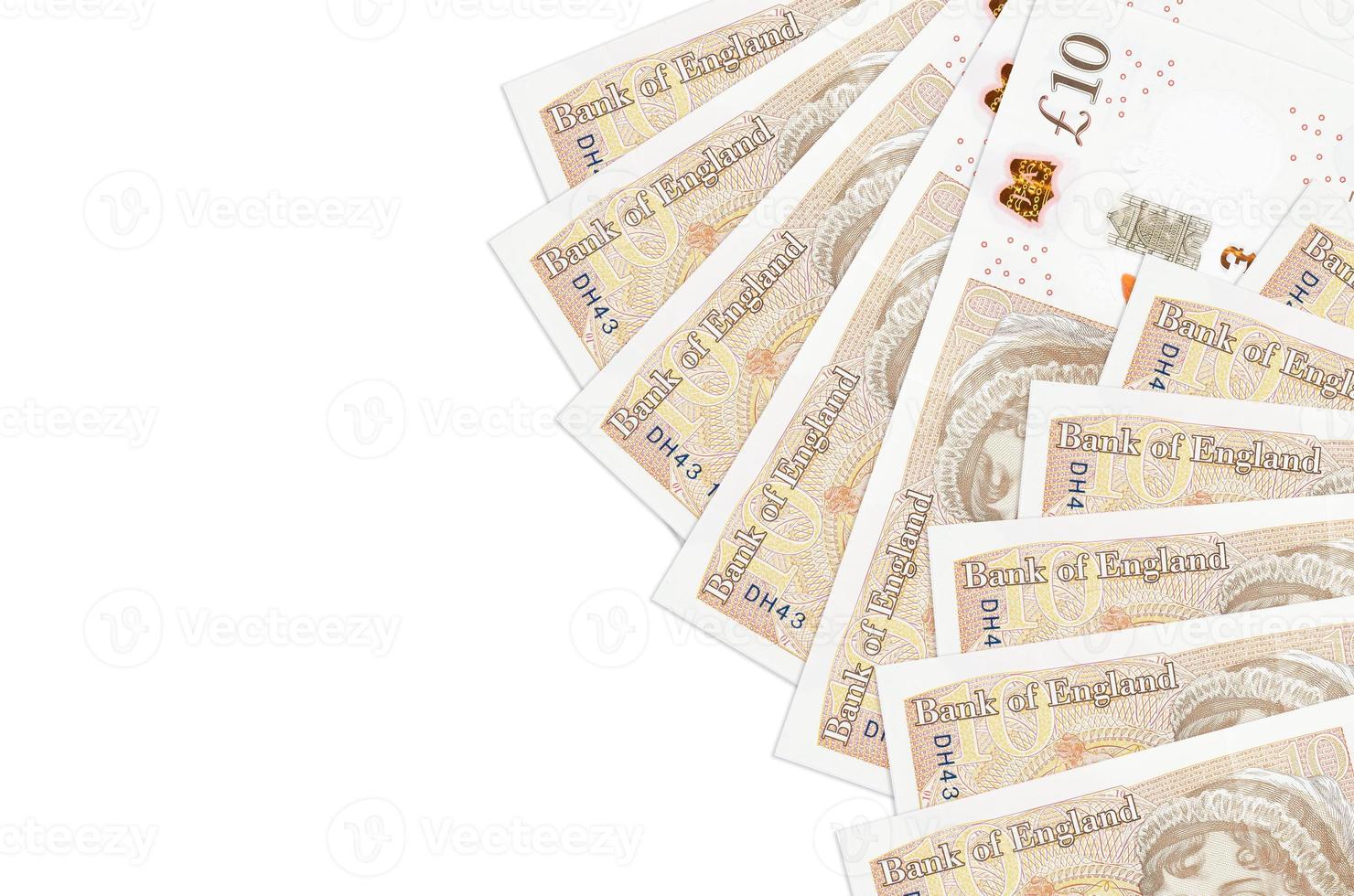 10 British pounds bills lies isolated on white background with copy space. Rich life conceptual background photo