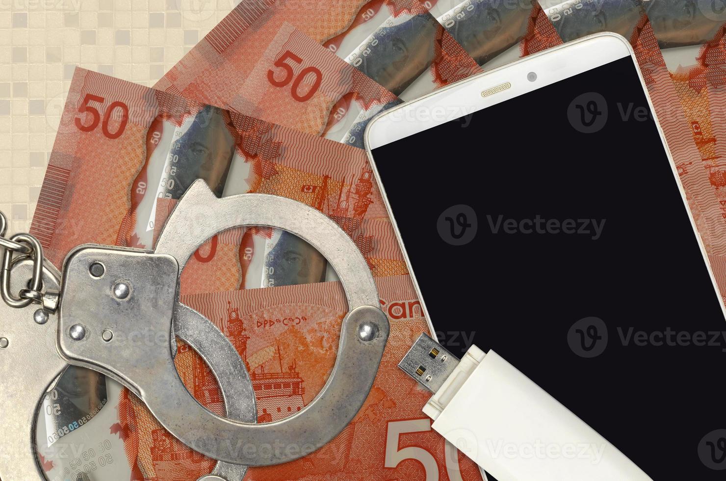 50 Canadian dollars bills and smartphone with police handcuffs. Concept of hackers phishing attacks, illegal scam or malware soft distribution photo