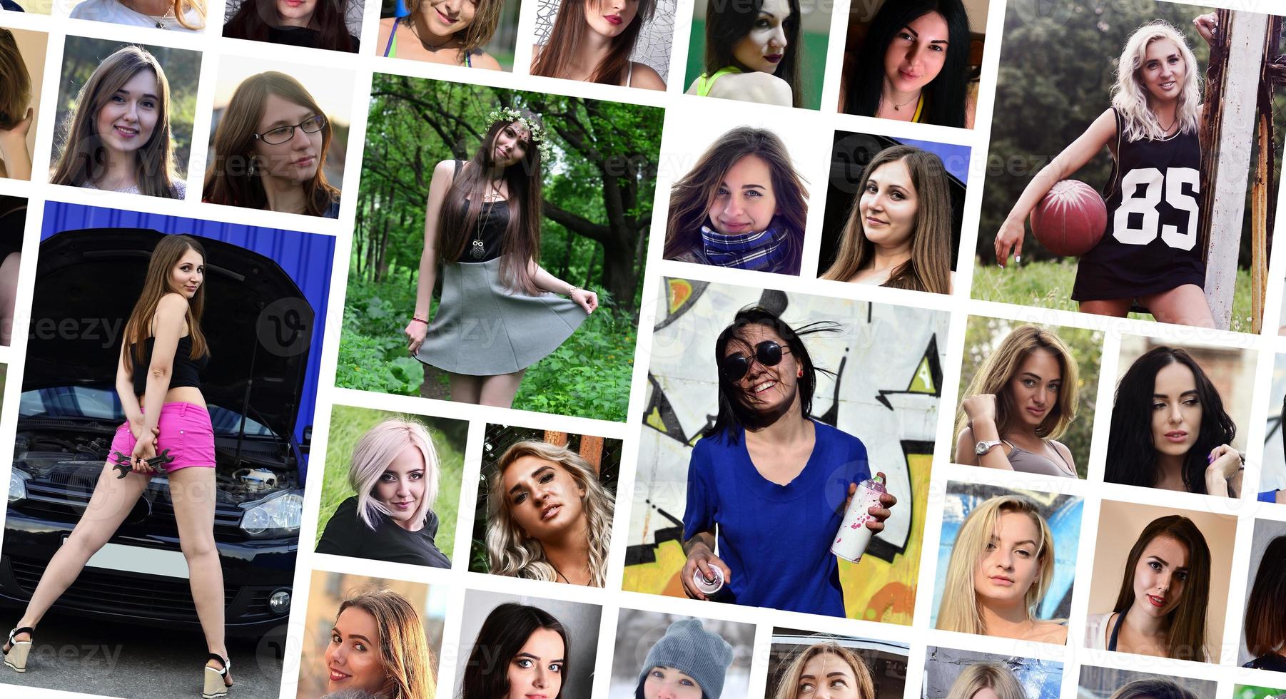 Collage group portraits of young caucasian girls for social medi photo