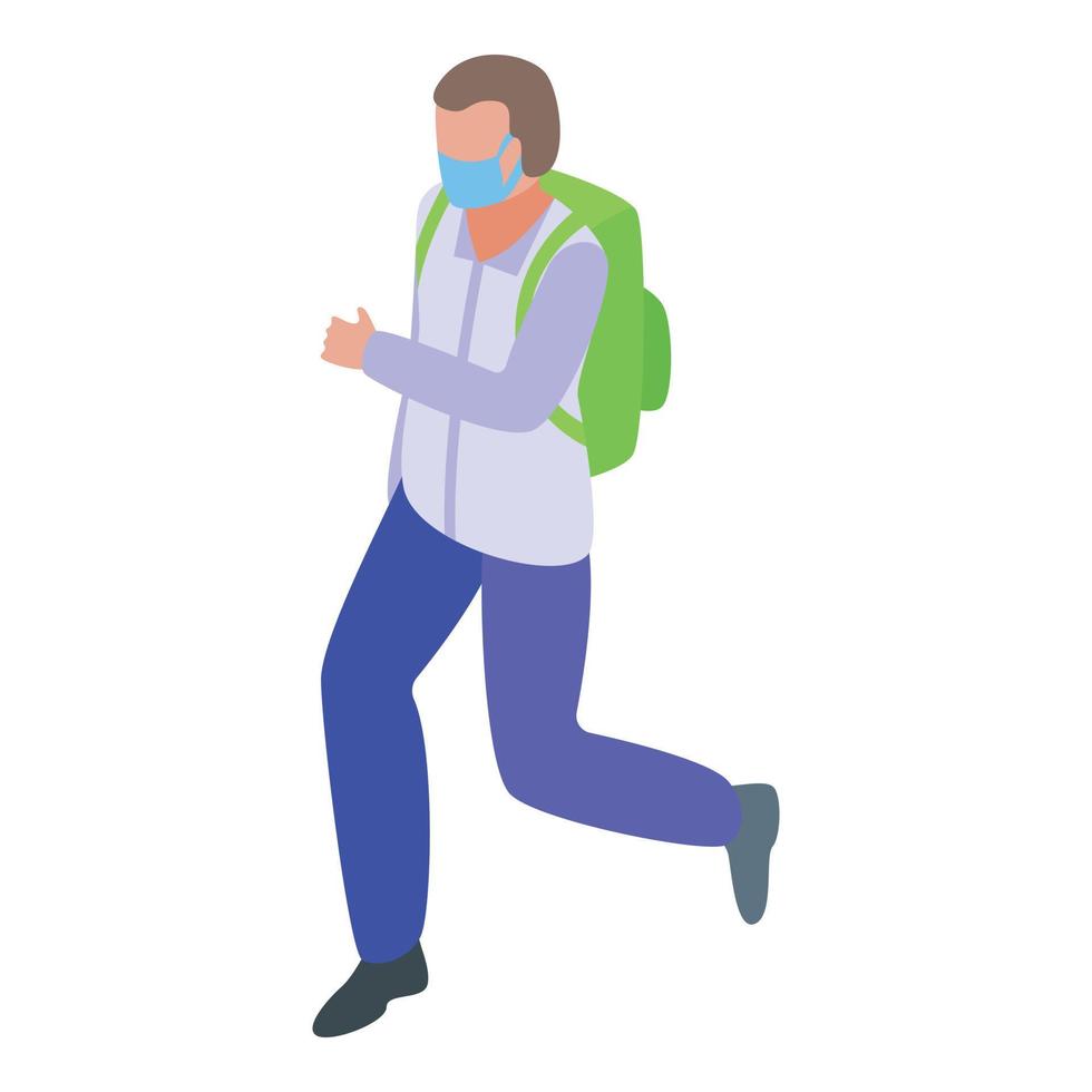 Running schoolboy in mask icon, isometric style vector