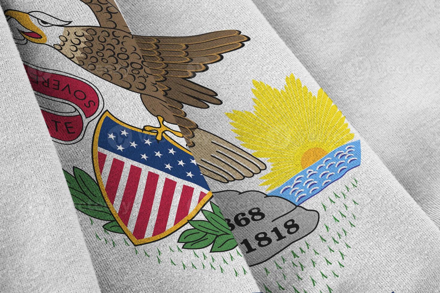 Illinois US state flag with big folds waving close up under the studio light indoors. The official symbols and colors in banner photo